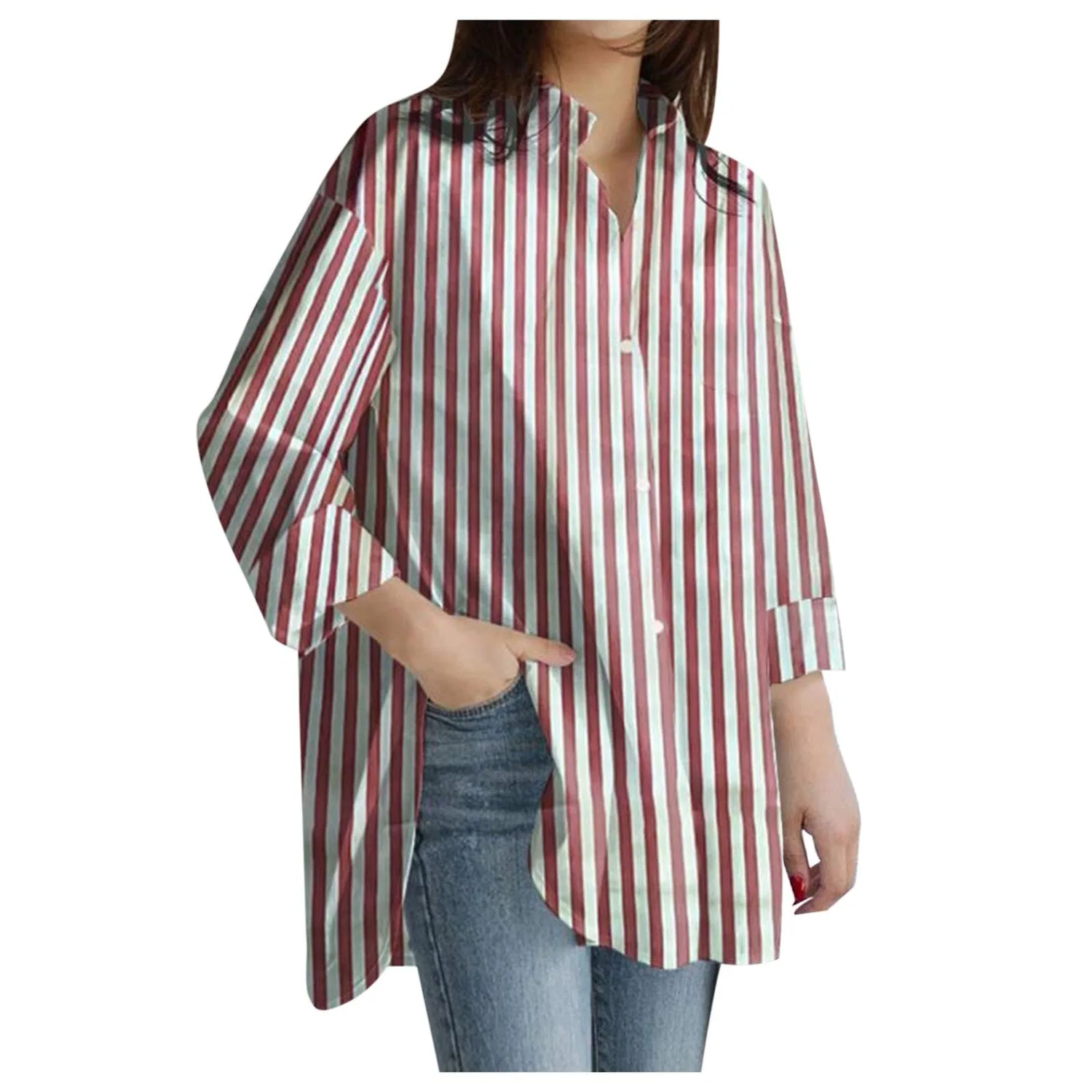 Женская блузка с длинным рукавом с боковыми разрезами Topko Plus Size, Red Stripes