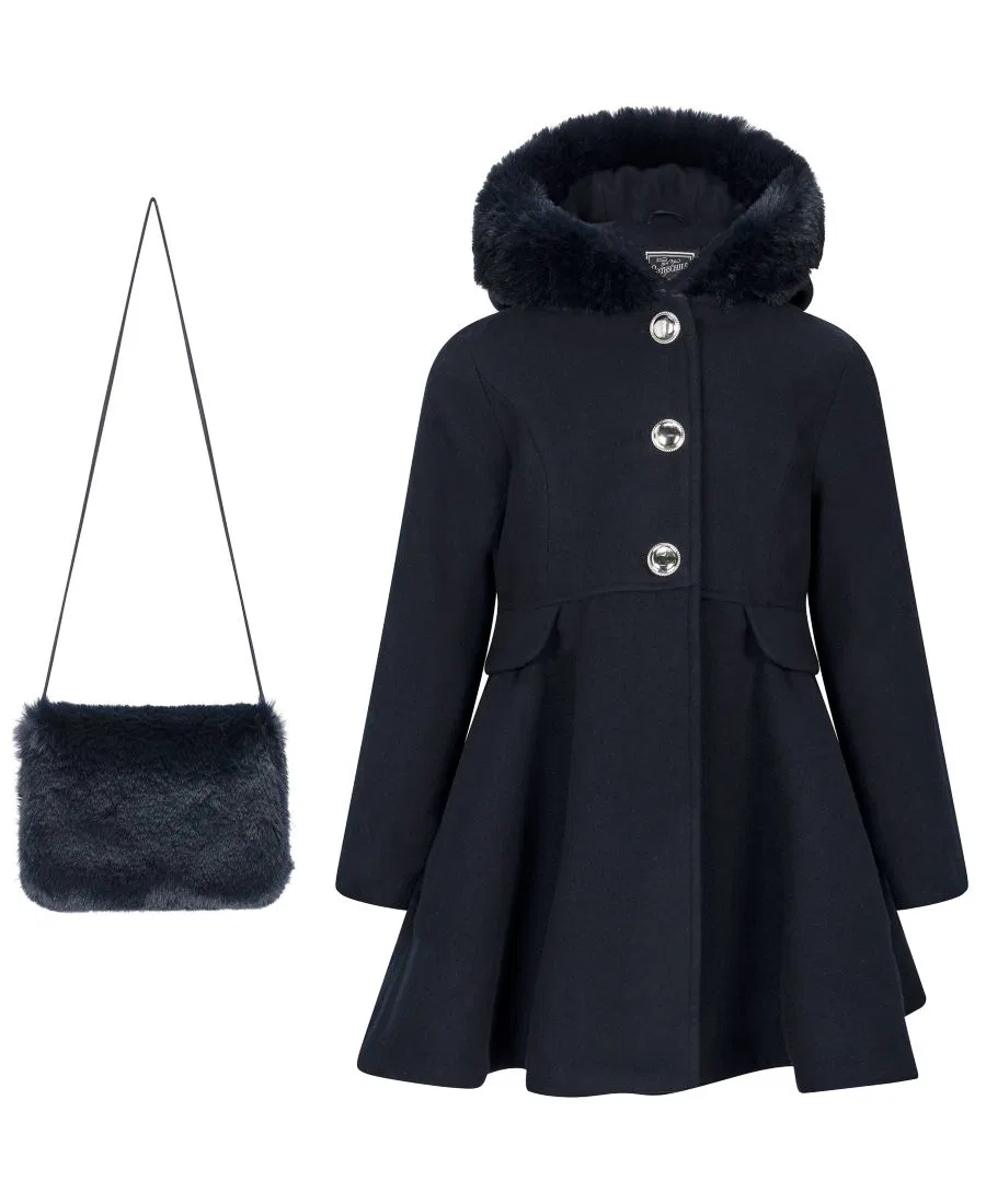 Пальто для девочки с капюшоном и меховой отделкой S Rothschild & CO, Dark Navy