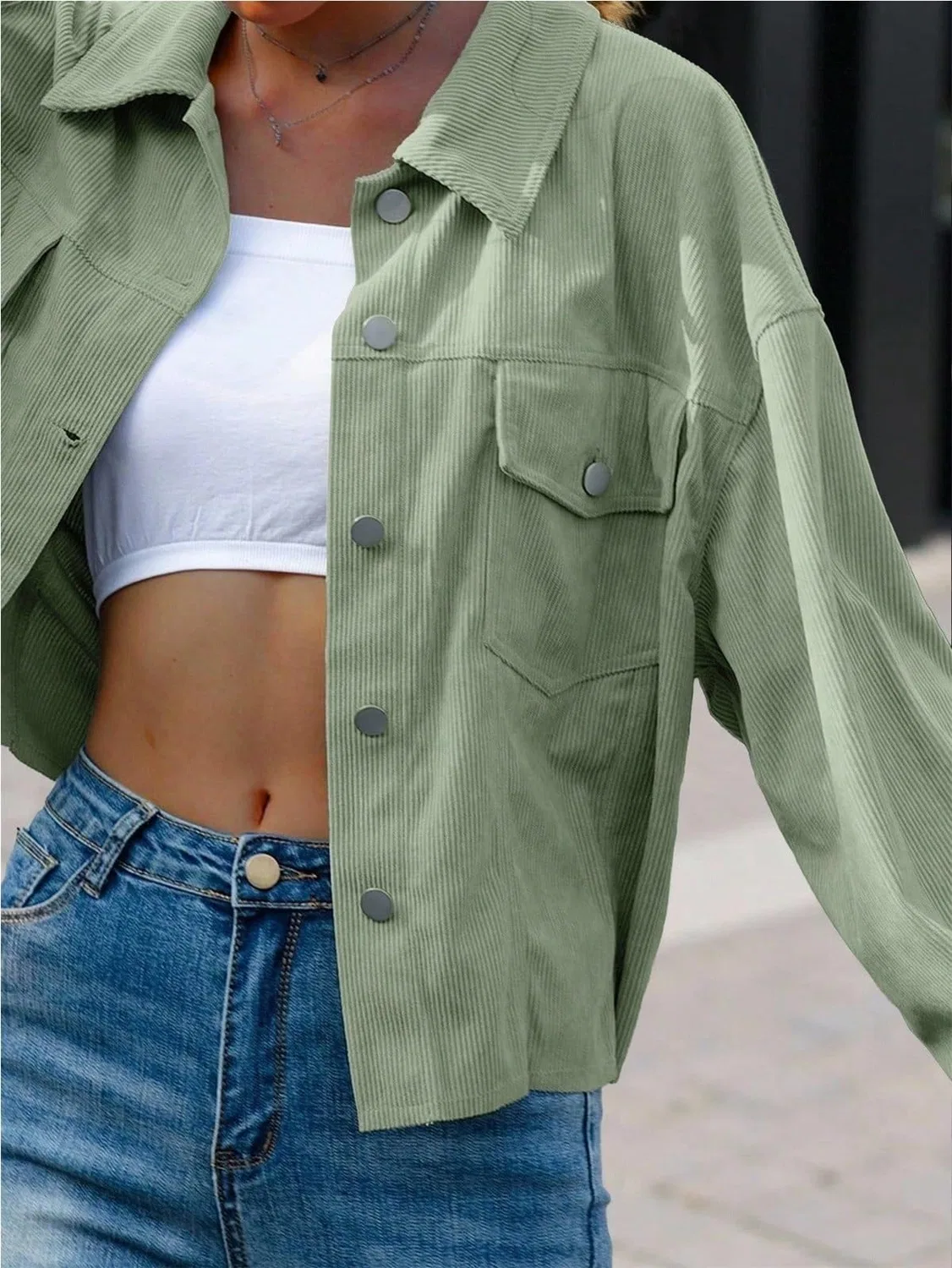 Женская куртка из вельвета в рубчик с отложным воротником, Green — фото 3