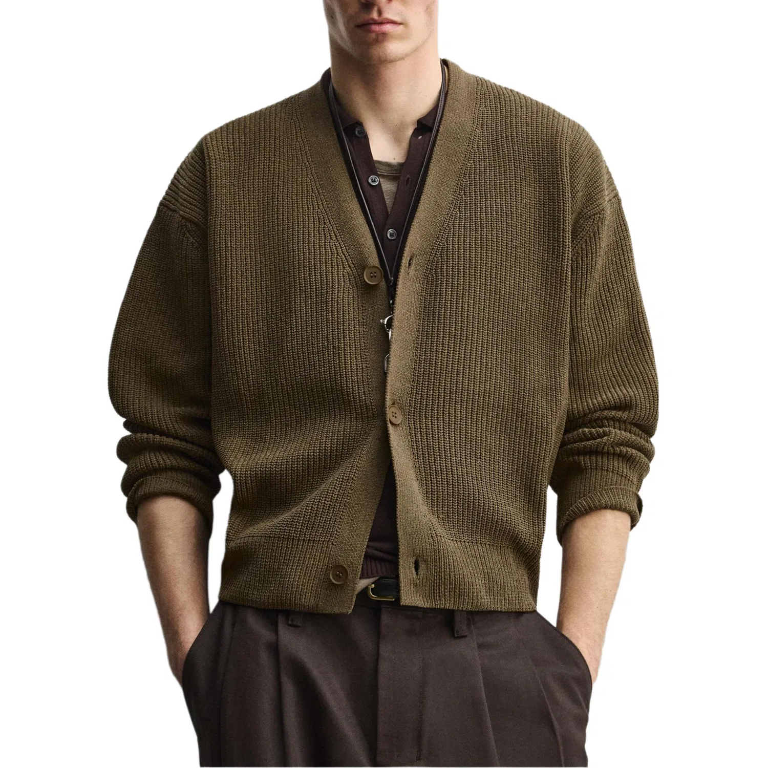 Мужской джемпер с V-образным вырезом прямого кроя Khaki ZARA, Хаки — фото 4
