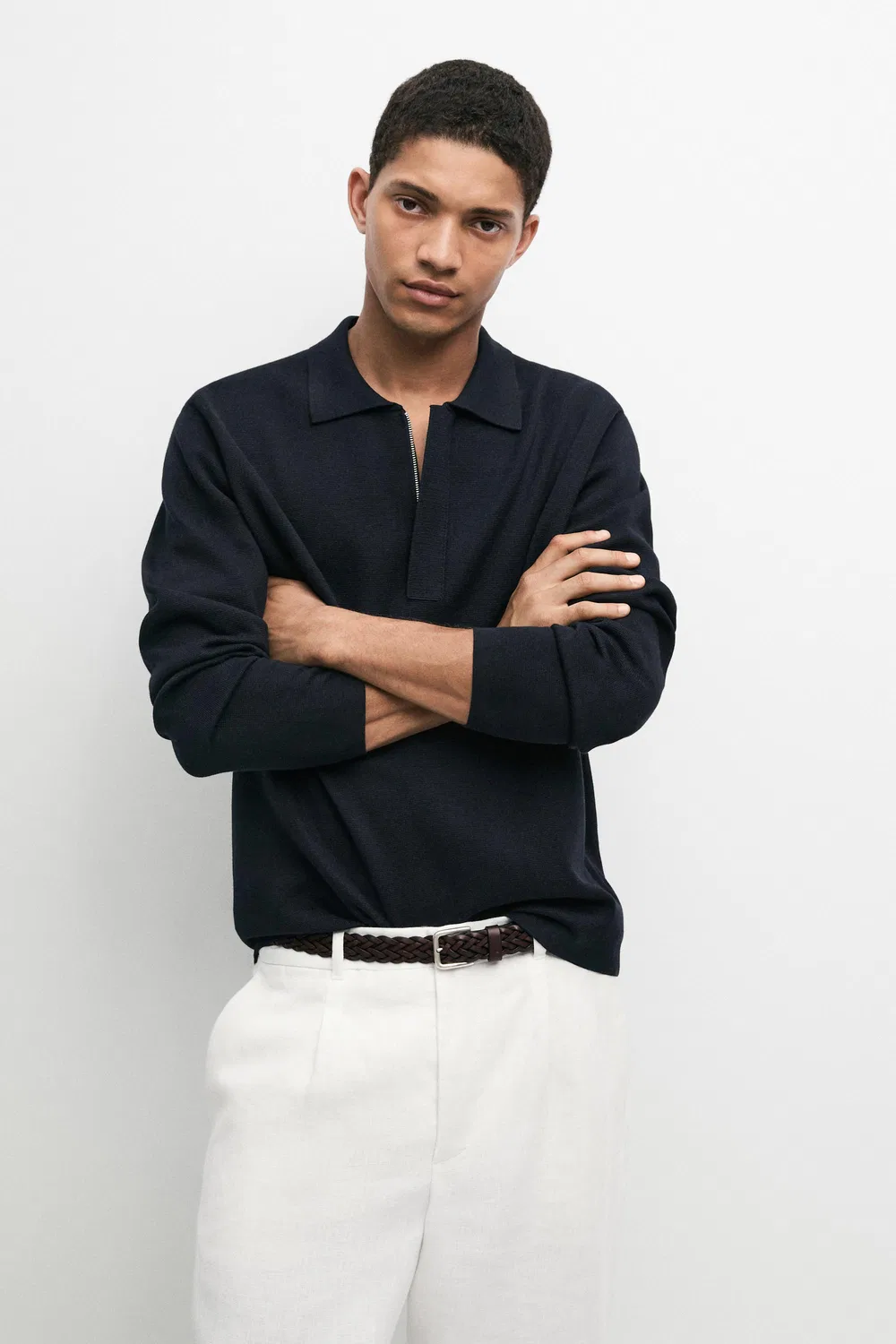 Свитер-поло Massimo Dutti Cotton Blend Zip-Up Knit, темно-синий