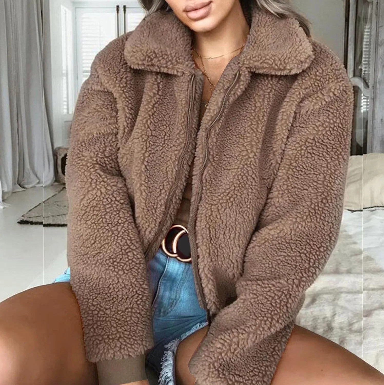 Женское зимнее пальто из искусственного меха с карманами, Dark Khaki — фото 2