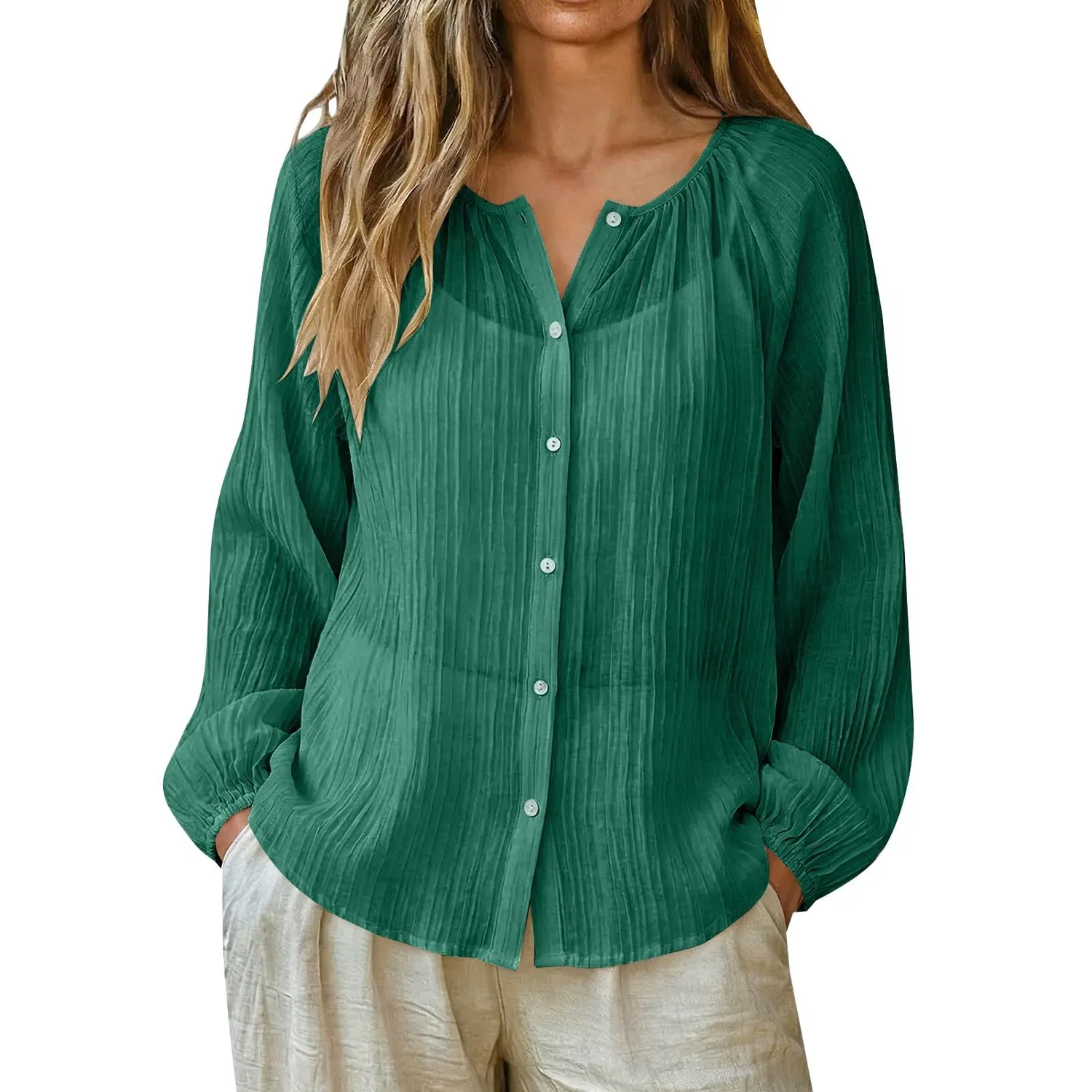 Женская блузка из хлопка и льна с длинным рукавом, Green