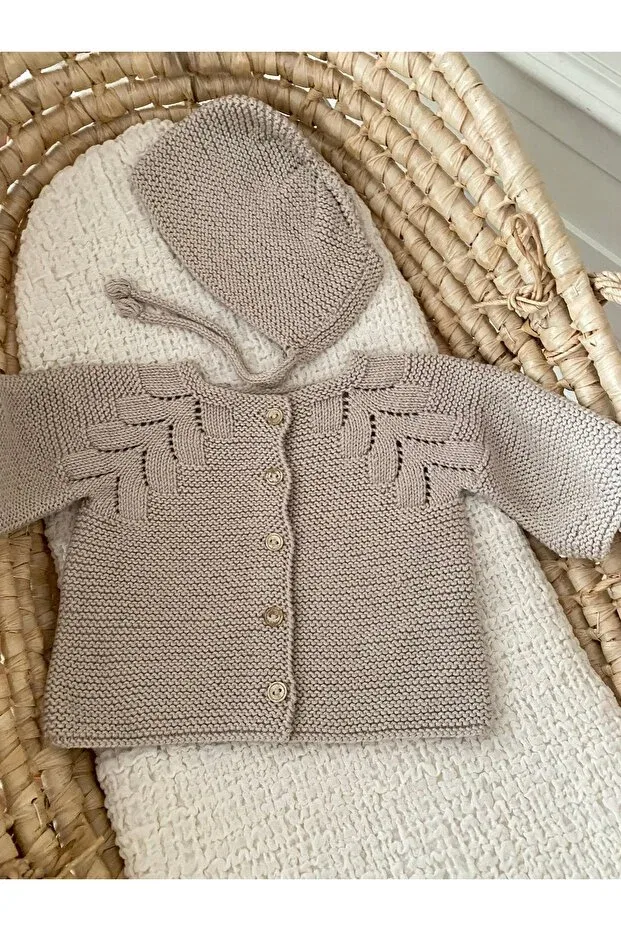 Детский кардиган с ажурным узором комплект с шапочкой Florijee, Beige — фото 2