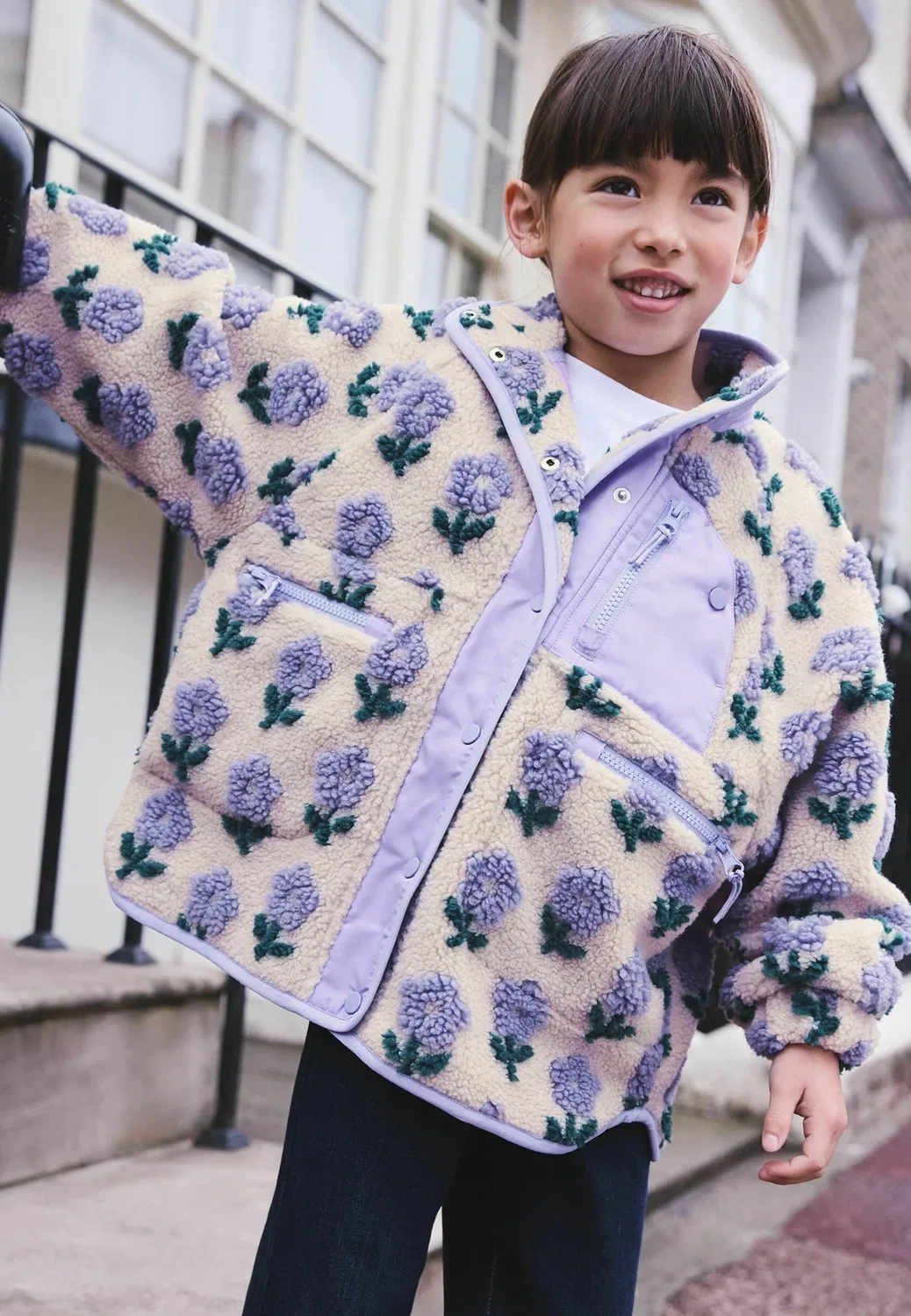 Куртка из искусственного меха на пуговицах - флисовая куртка Next, Blue Cream Floral