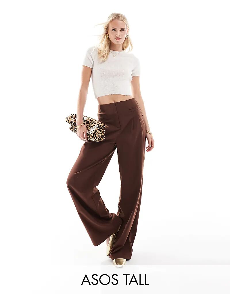 

ASOS DESIGN Tall элегантные широкие брюки коричневого цвета с текстурой, напоминающей шерсть, и складками