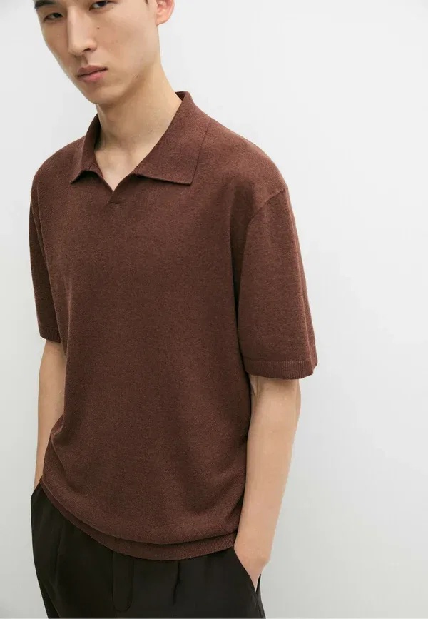 Футболка поло из льна и хлопка Polo shirt Massimo Dutti, коричневый — фото 4
