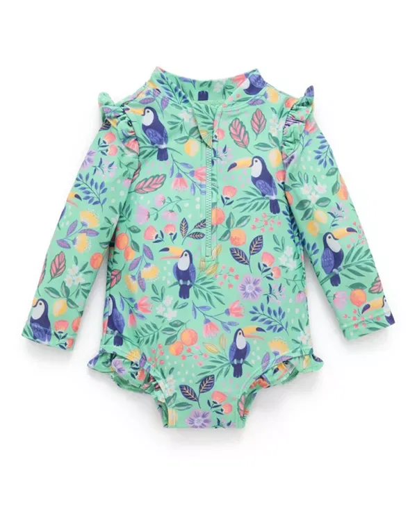 Детский купальник для девочек с длинным рукавом с рюшами Purebaby, Toucan Print