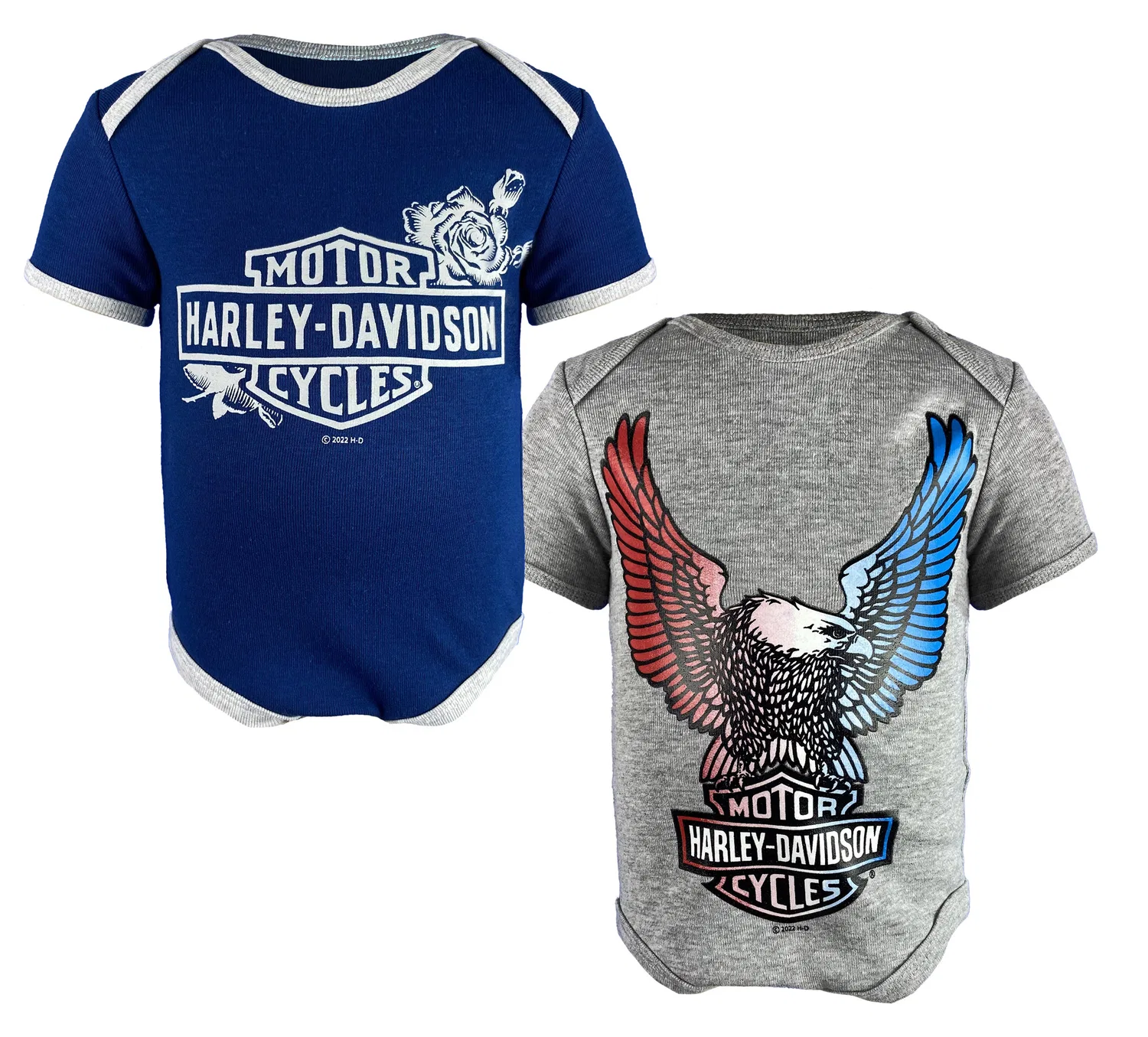 Детский комплект боди с принтом Bar & Shield Roses and Bar & Shield Eagle Harley Davidson, Grey Heather/Navy