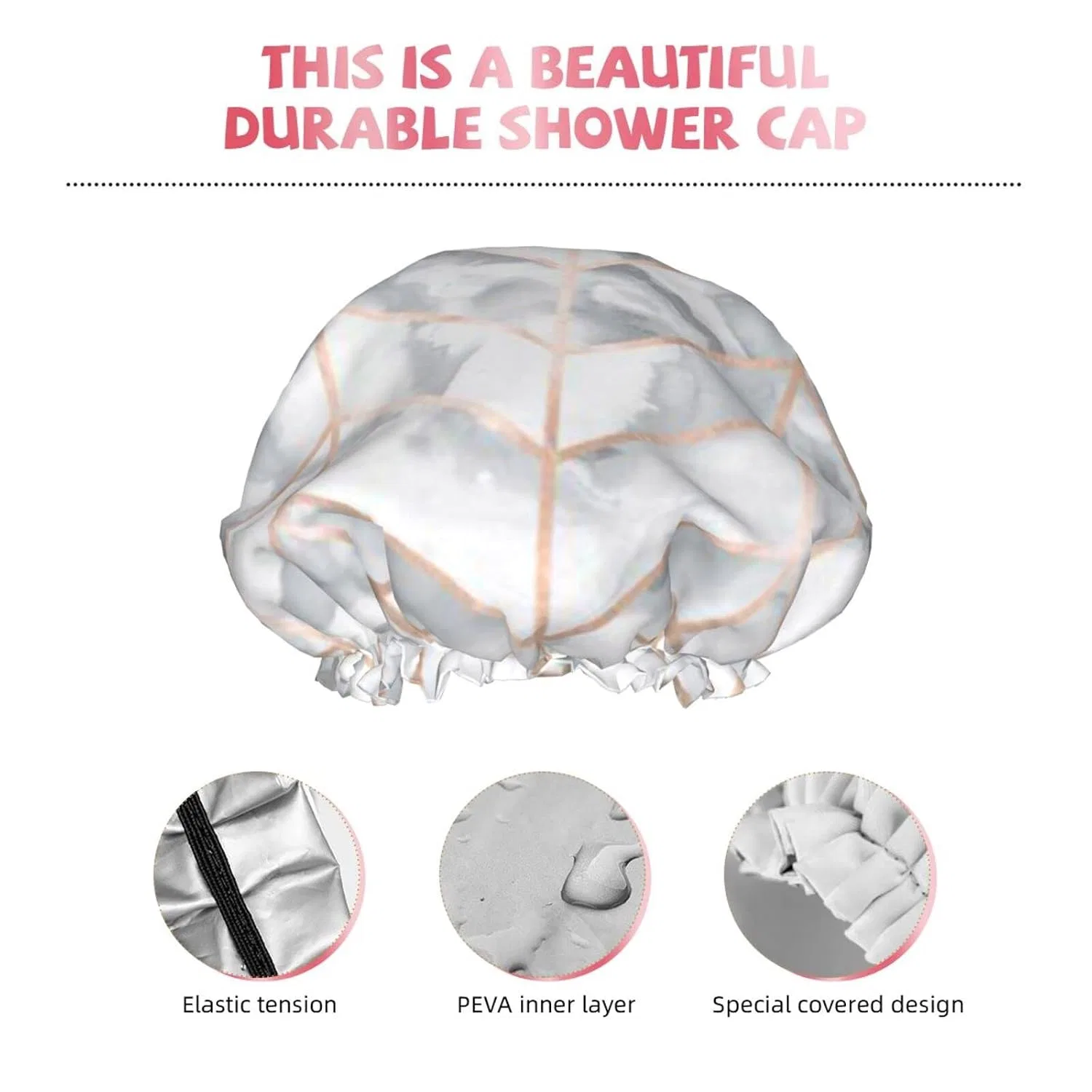 Шапочка для душа Elastic Multipurpose, Oudrspo, Marble Herringbone Rose Gold Plated Design — фото 4
