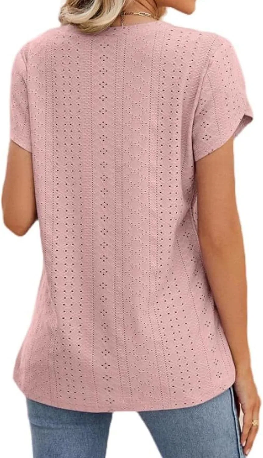 Женская футболка с вышивкой V-образным вырезом Casual Summer, Light Pink — фото 2