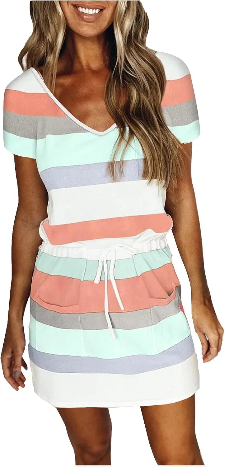 Женское летнее платье с полосками A-силуэта с завязкой, Mint Green