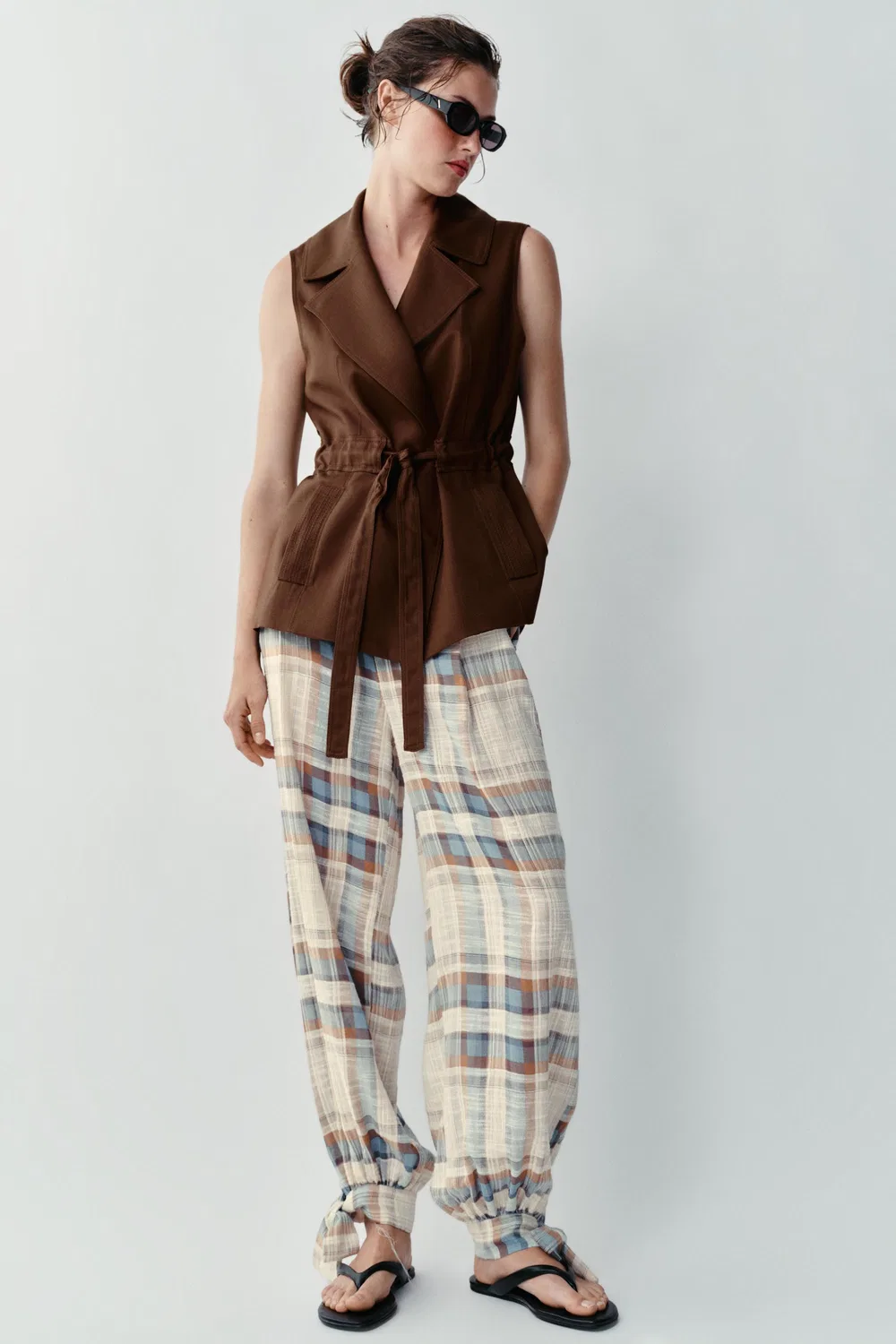 Жилет из льняной смеси с поясом ZARA, Brown