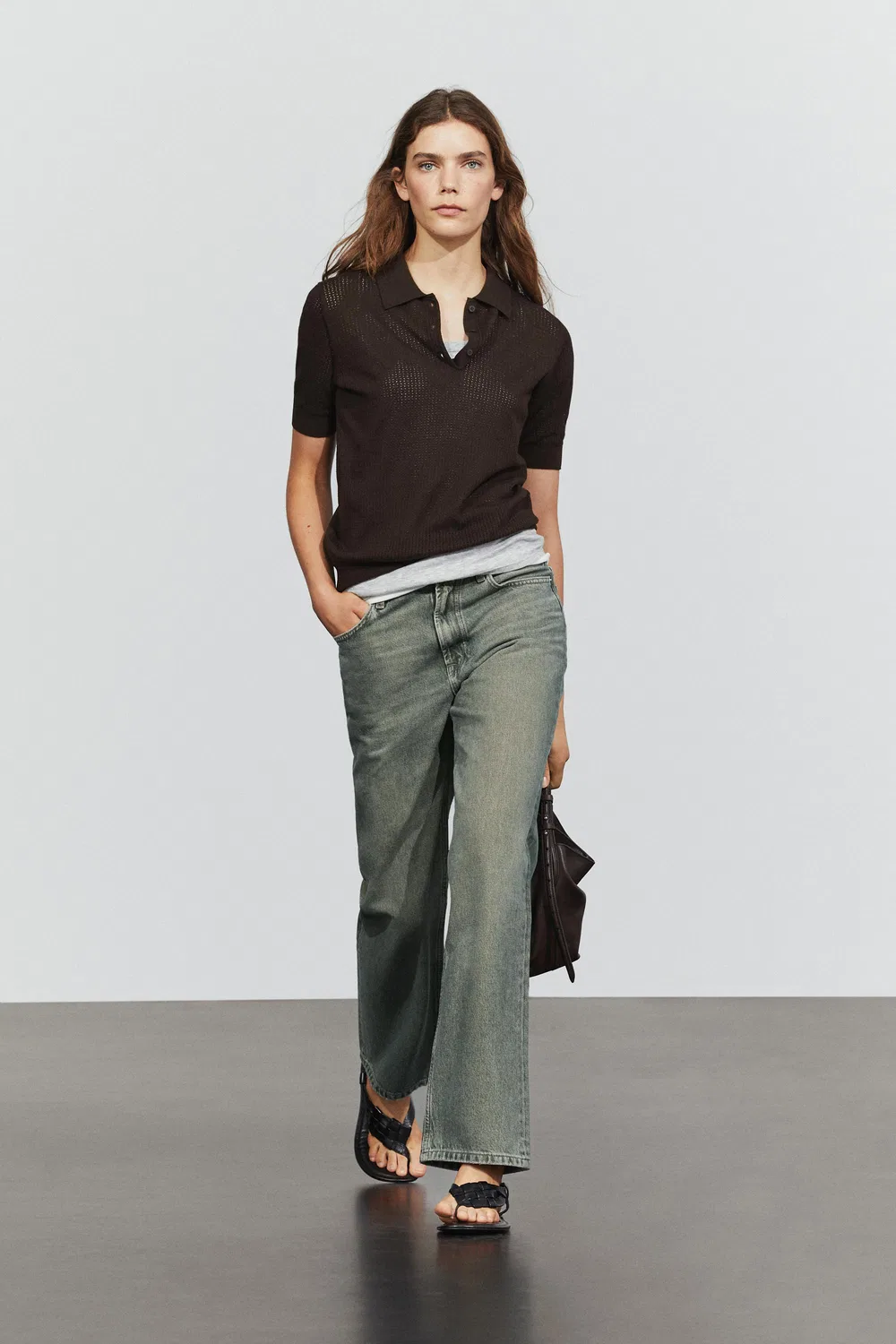 Поло Massimo Dutti Cotton Blend Open-knit Shirt, коричневый — фото 3