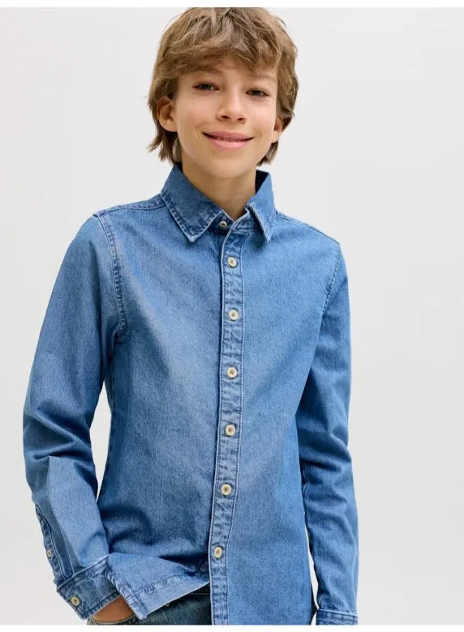 Рубашка однотонная с длинным рукавом для мальчиков Jack & Jones Junior, синий деним — фото 3