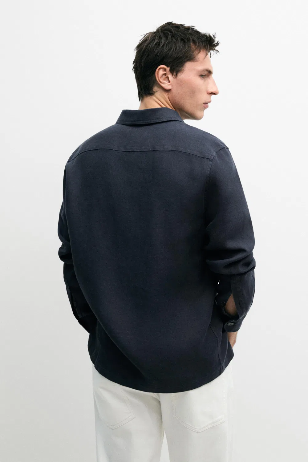 Рубашка из плотного льна с карманами Massimo Dutti, темно-синий — фото 3