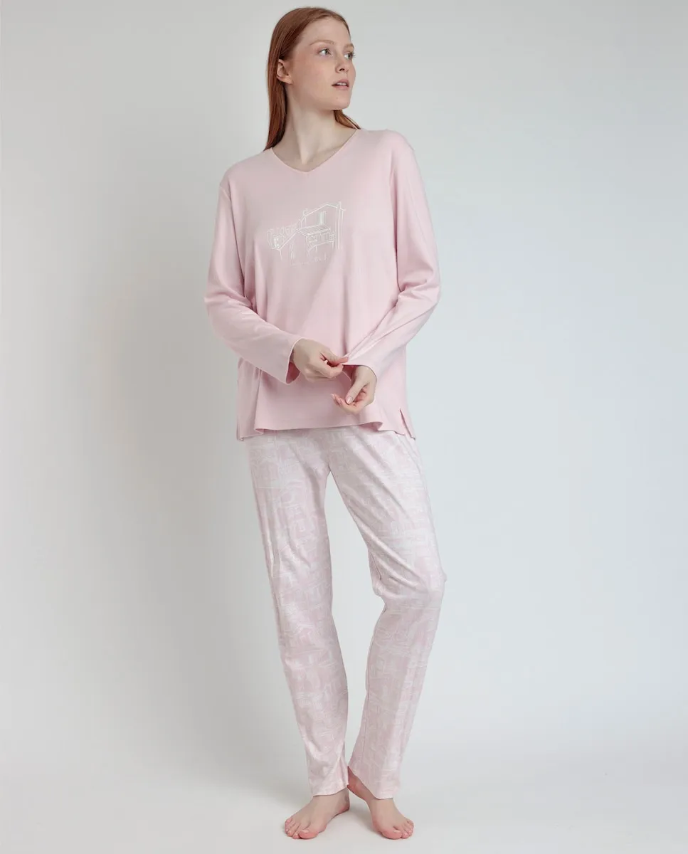 

Длинная женская пижама из хлопкового трикотажа розового цвета Admas