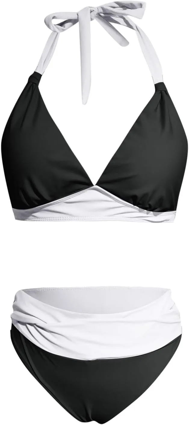 Женский купальник из двух частей: с высокой талией, утягивающим животом, с завязками на шее, V-образным вырезом и эффектом пуш-ап, винтажный стиль Generic, бежевый — фото 3