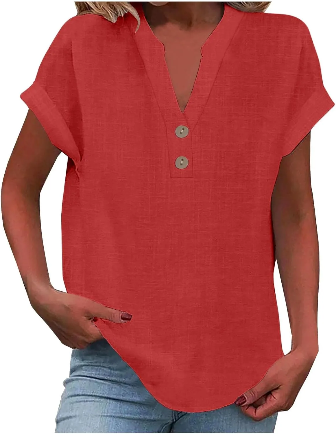 

GOKKILRW Женская льняная блузка с коротким рукавом и V-образным вырезом