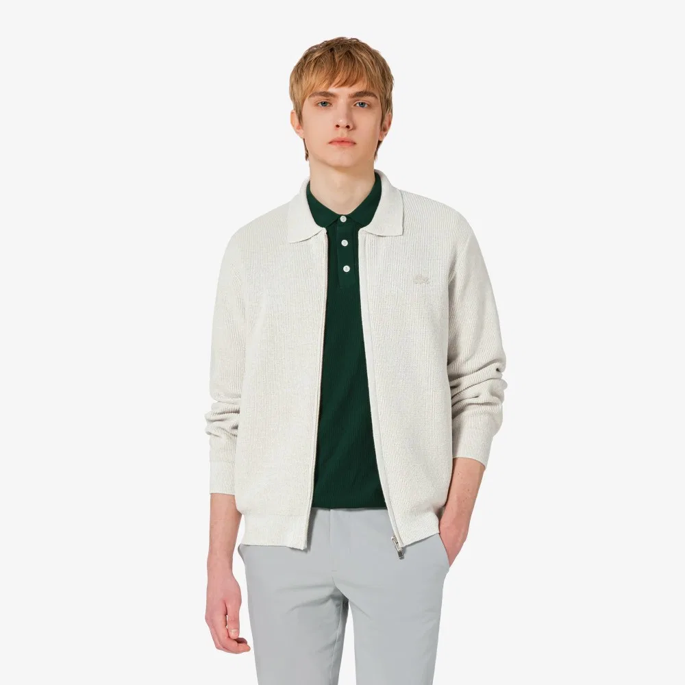 Мужской кардиган-поло на молнии с ребристой отделкой айвори от Lacoste