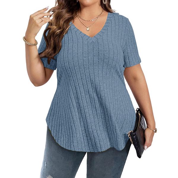 

Женская блузка с V-образным вырезом, однотонная, легкая, с коротким рукавом Kojooin, Light Blue