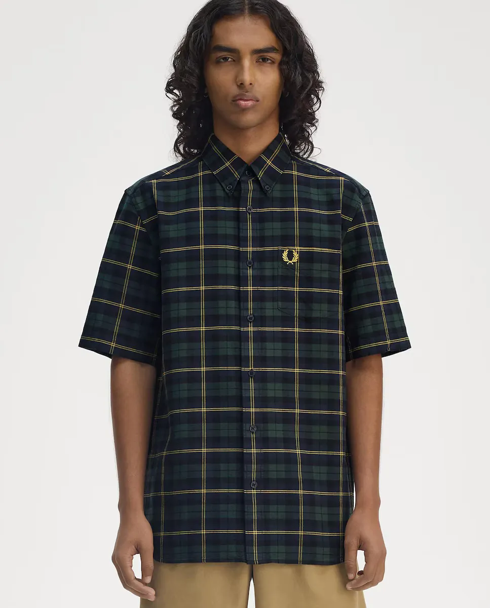 

Мужская рубашка в клетку тартан с короткими рукавами Fred Perry, темно-синий