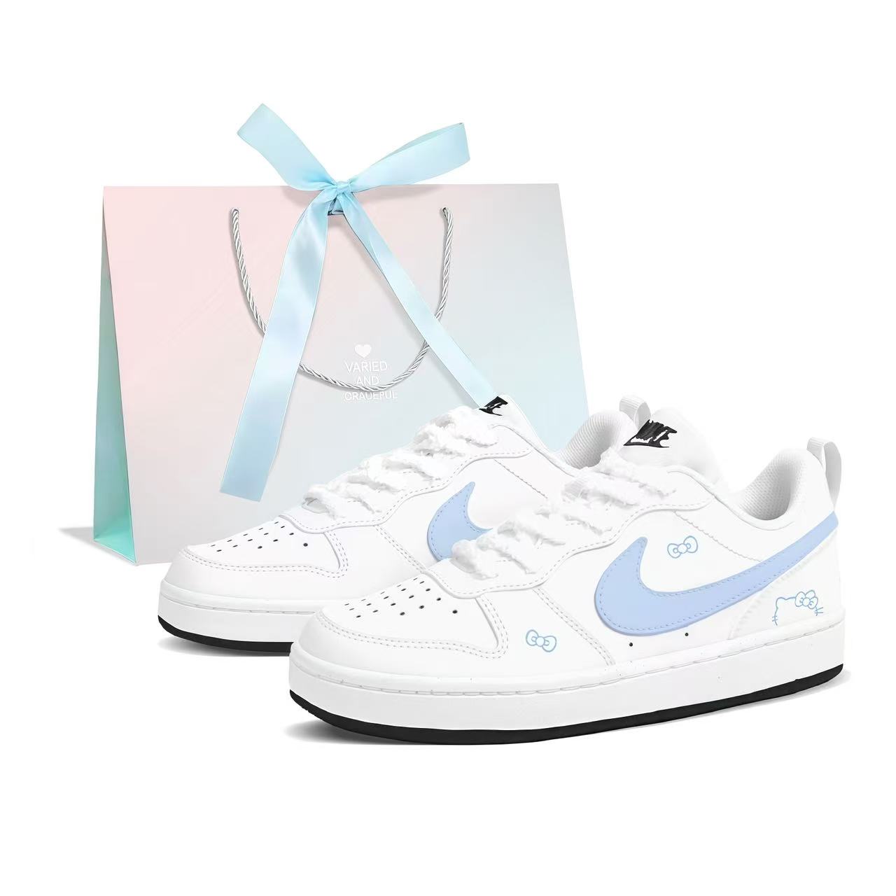 

Nike Кроссовки для скейтбординга Court Borough Sea Salt Kitten Abrasion Resistant низкие детские White Blue для подростков