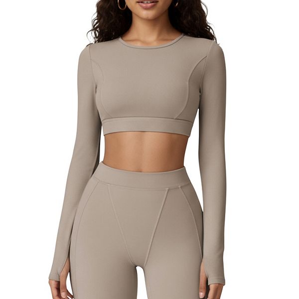 

Женский топ с ребристой вязкой, укороченный, с длинным рукавом, квадратным вырезом и контурными швами Anna-Kaci, Khaki