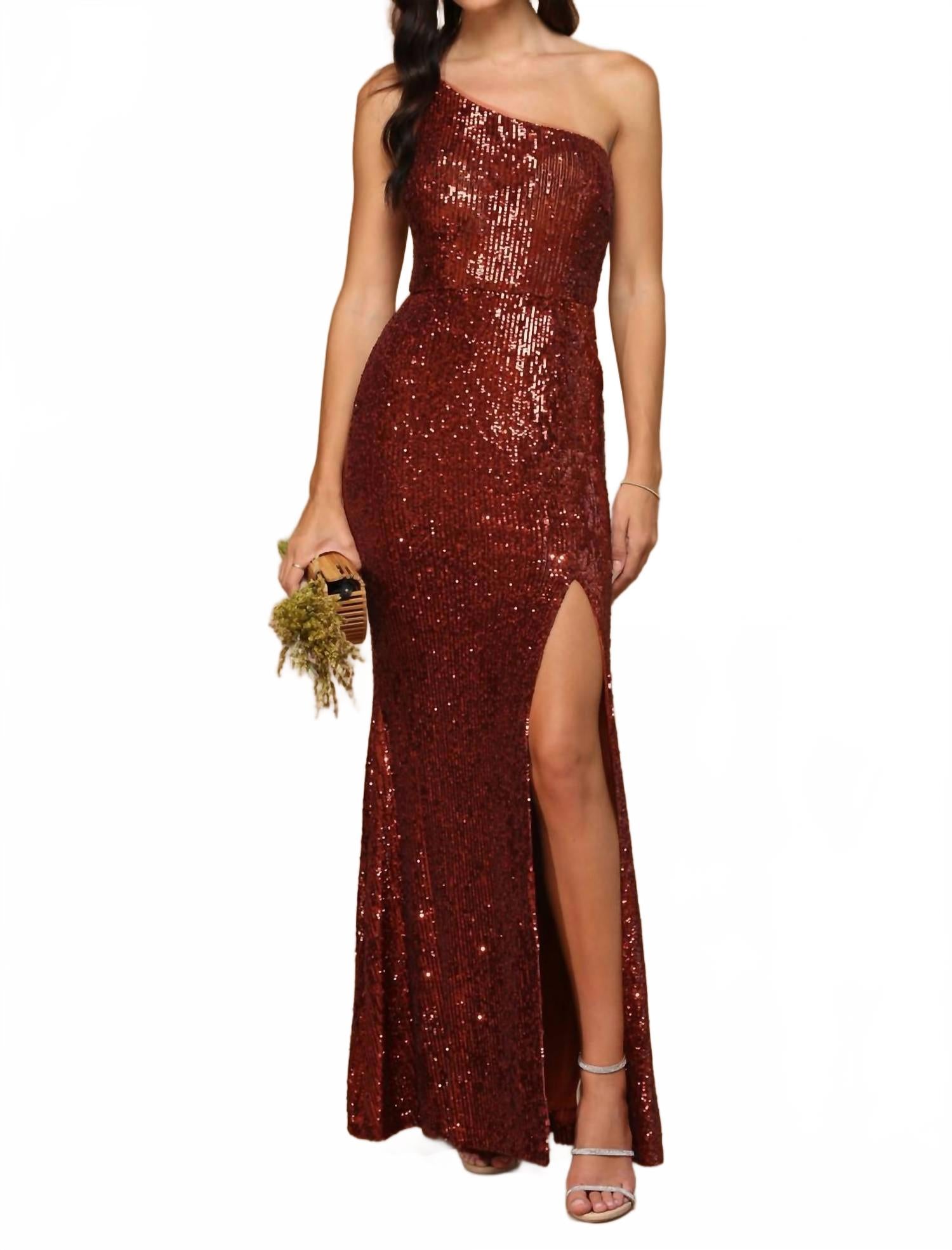 

Платье вечернее Samara One Shoulder с разрезом и пайетками в рыжем цвете Eva