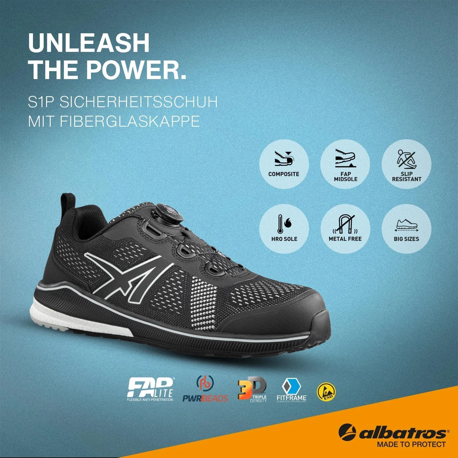 Ботинки ALBATROS Strength Black QL Low Work Shoe Safety Shoe S1P ESD HRO SRC имеют защитный колпак из стекловолокна, дышащие, нескользящие, без металлических деталей, мужские, черный — фото 2