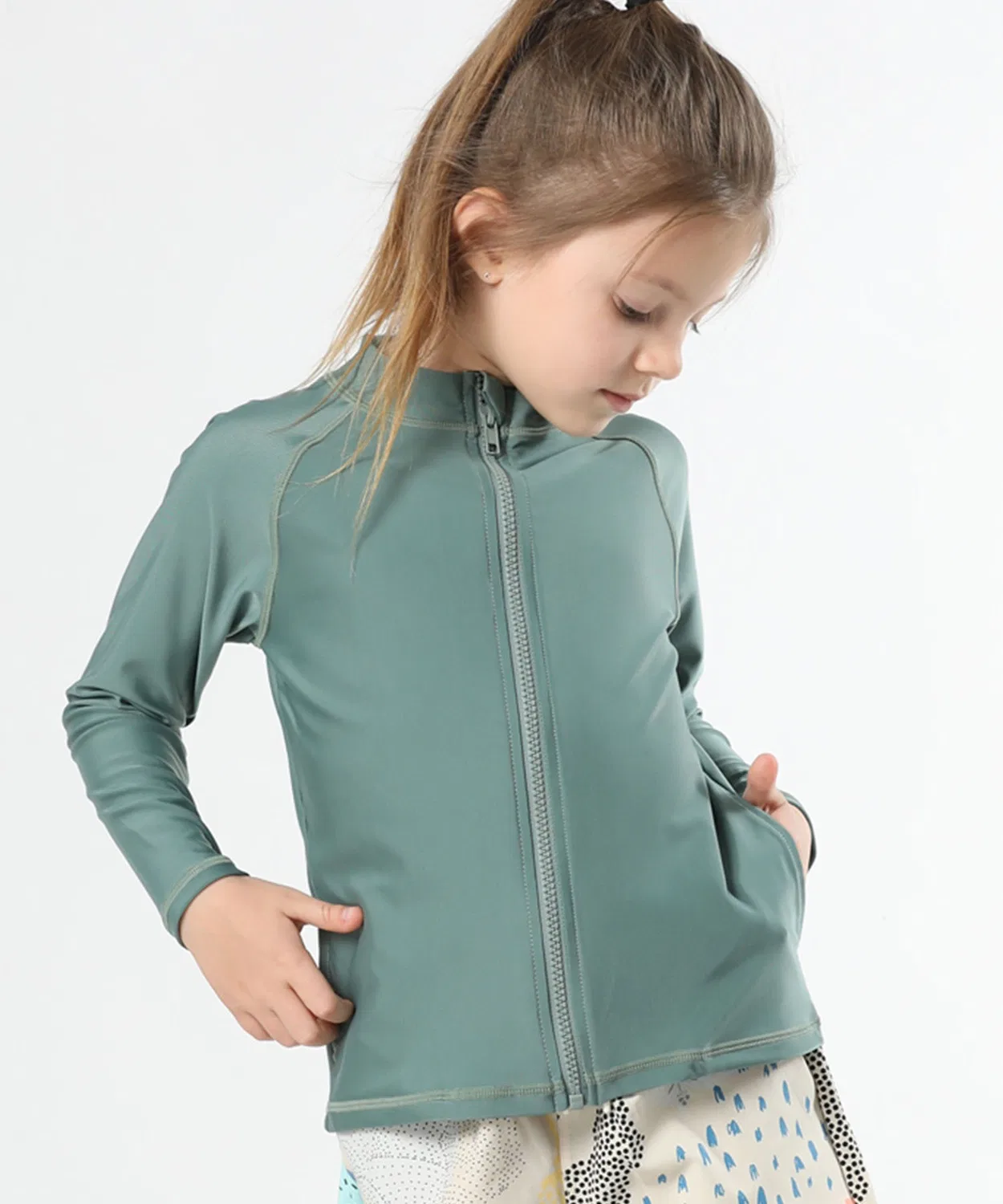 Детский рашгард с длинным рукавом, stand collar, зеленый