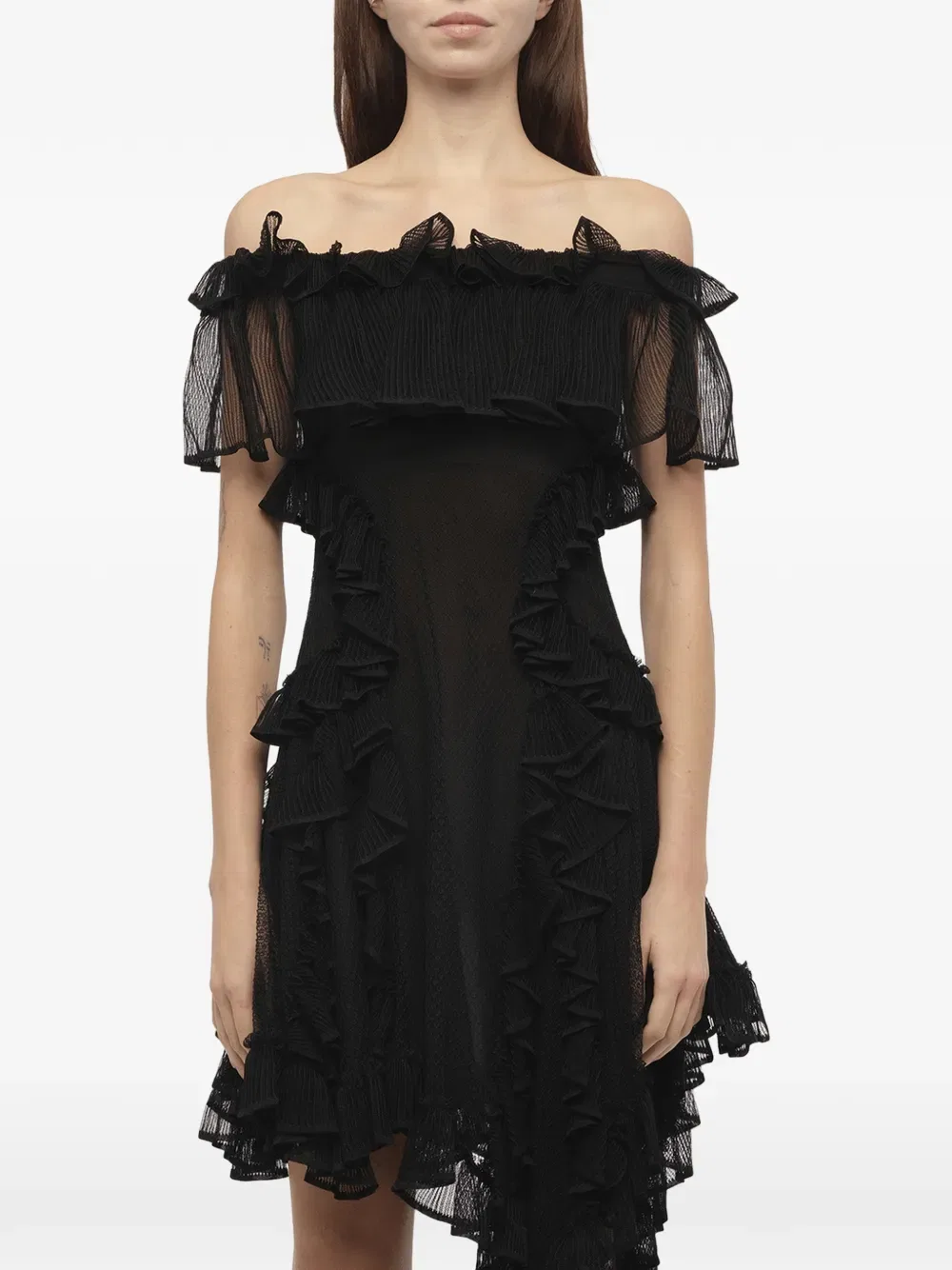 Асимметричное платье с оборками и открытыми плечами Alexander Mcqueen, черный
