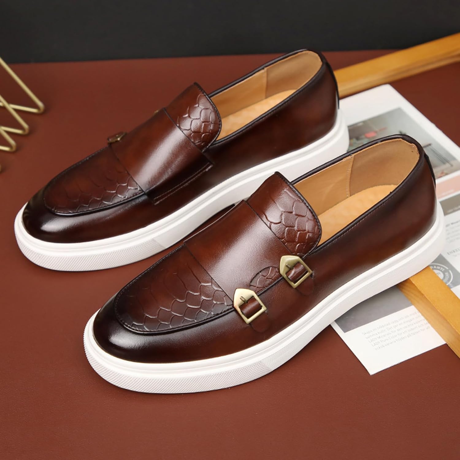 Мужские туфли с двойной пряжкой Monk Strap, повседневные модные классические деловые лакированные кожаные слипоны, лоферы, туфли Penny Loafers Aceptolcom, коричневый — фото 3