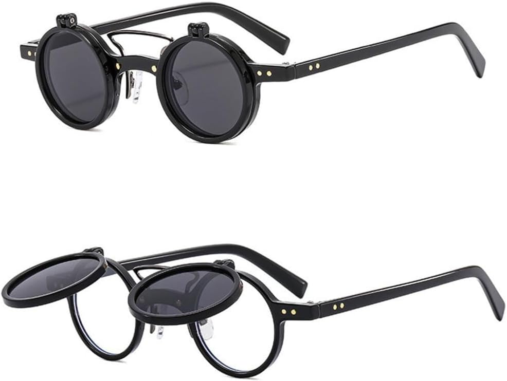

Ретро-панк солнцезащитные очки с двойной откидной крышкой, круглые, для женщин и мужчин, с леопардовым принтом, защитой от УФ-излучения UV400 и заклепками LXLHWN, Black Gray