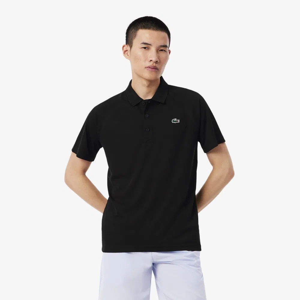 Мужская чёрная базовая футболка-поло с рукавами реглан от Lacoste