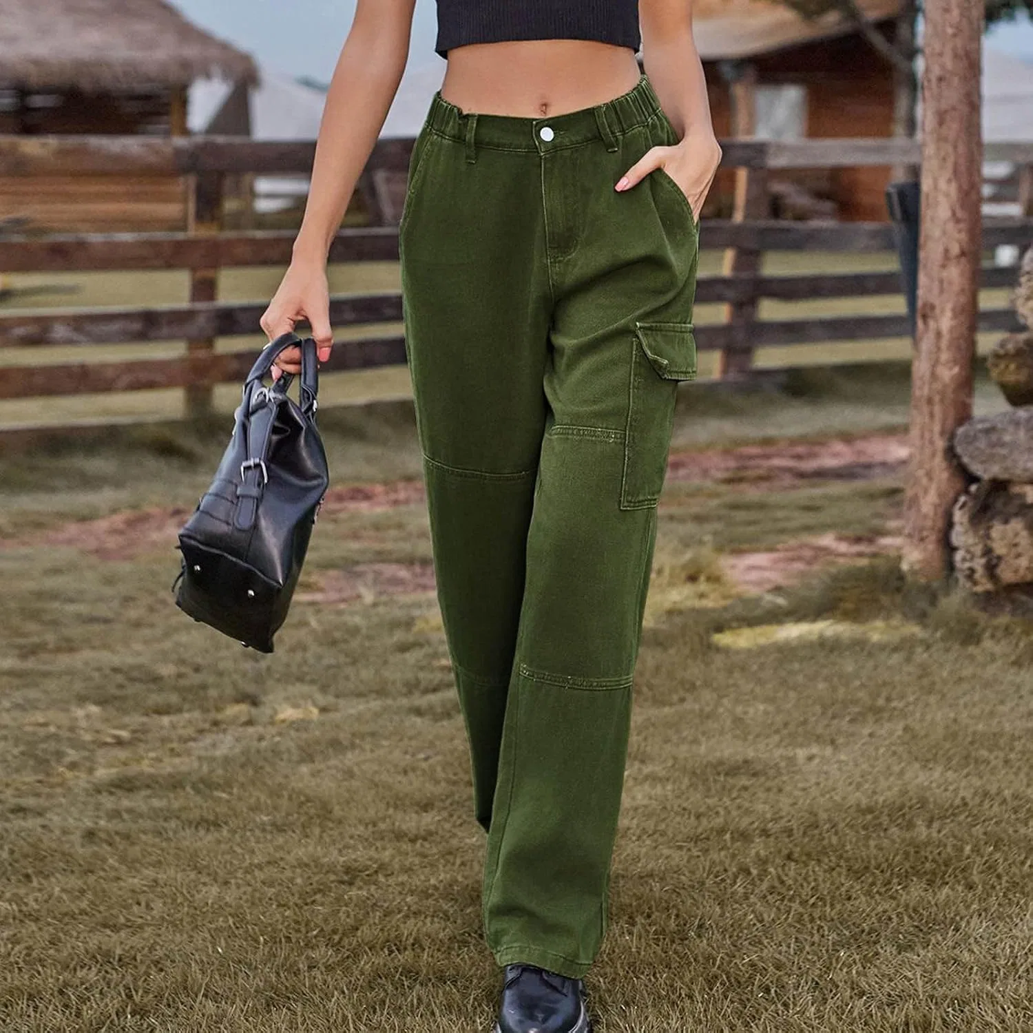 Штаны карго для активного отдыха, высокие, широкие, Y2K, Army Green — фото 3