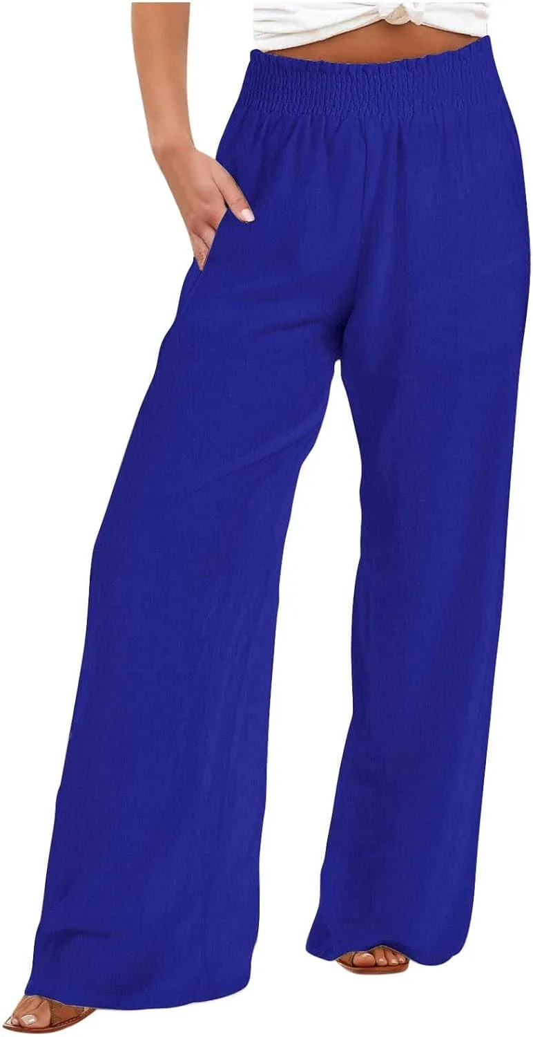 Универсальные брюки для женщин, модные летние, эластичные, с высокой талией, из хлопка и льна, с широкими штанинами, палаццо, свободного кроя, повседневные, для пляжа Generic, синий