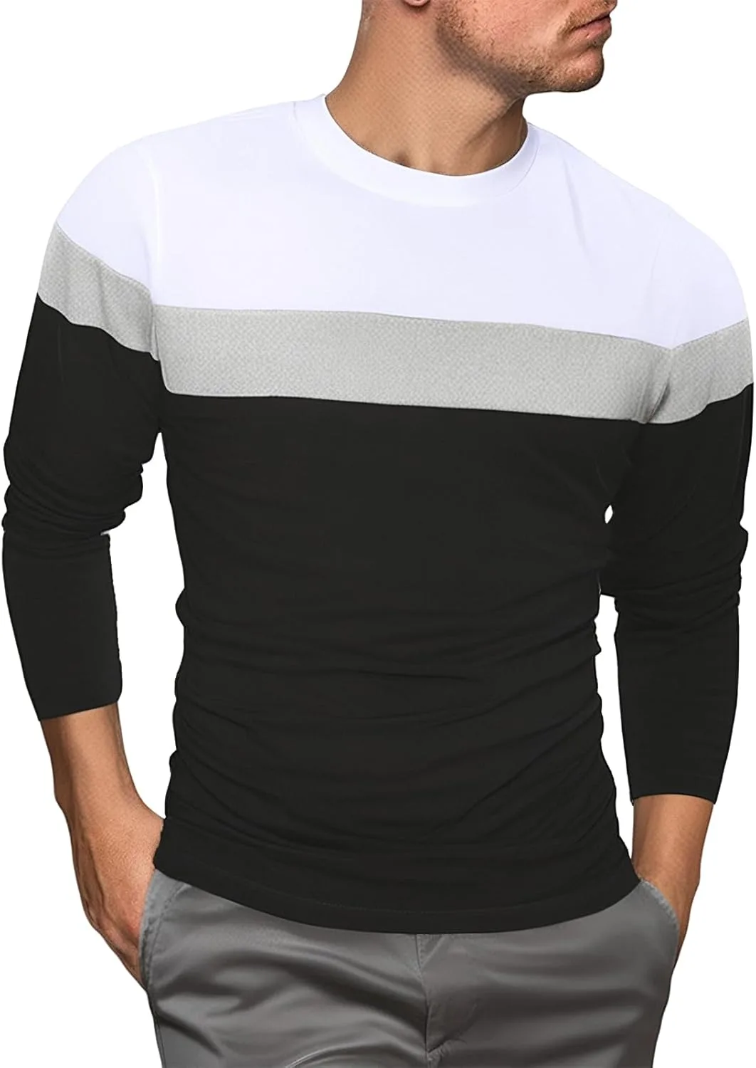 

Футболка с длинным рукавом и круглым вырезом для мужчин, Casual, Cotton Blend, Color Block