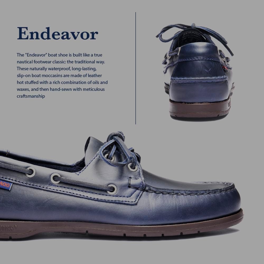 Водонепроницаемые лодочные туфли Sebago Endeavor - кожаные мокасины для мужчин с кожаной стелькой, круговой шнуровкой и нескользящей подошвой, не оставляющей следов, темно-синий — фото 4
