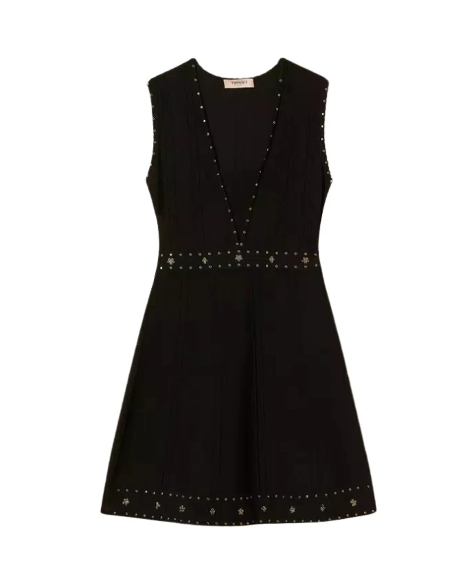 

Короткое вязаное платье со стразами Twinset, черный