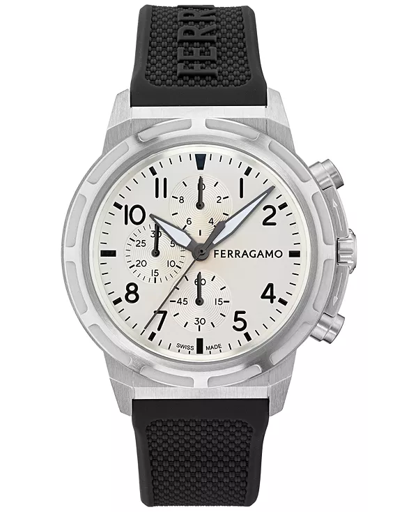 

Мужские швейцарские спортивные часы с хронографом, черный силиконовый ремешок, 44 мм Ferragamo, stainless
