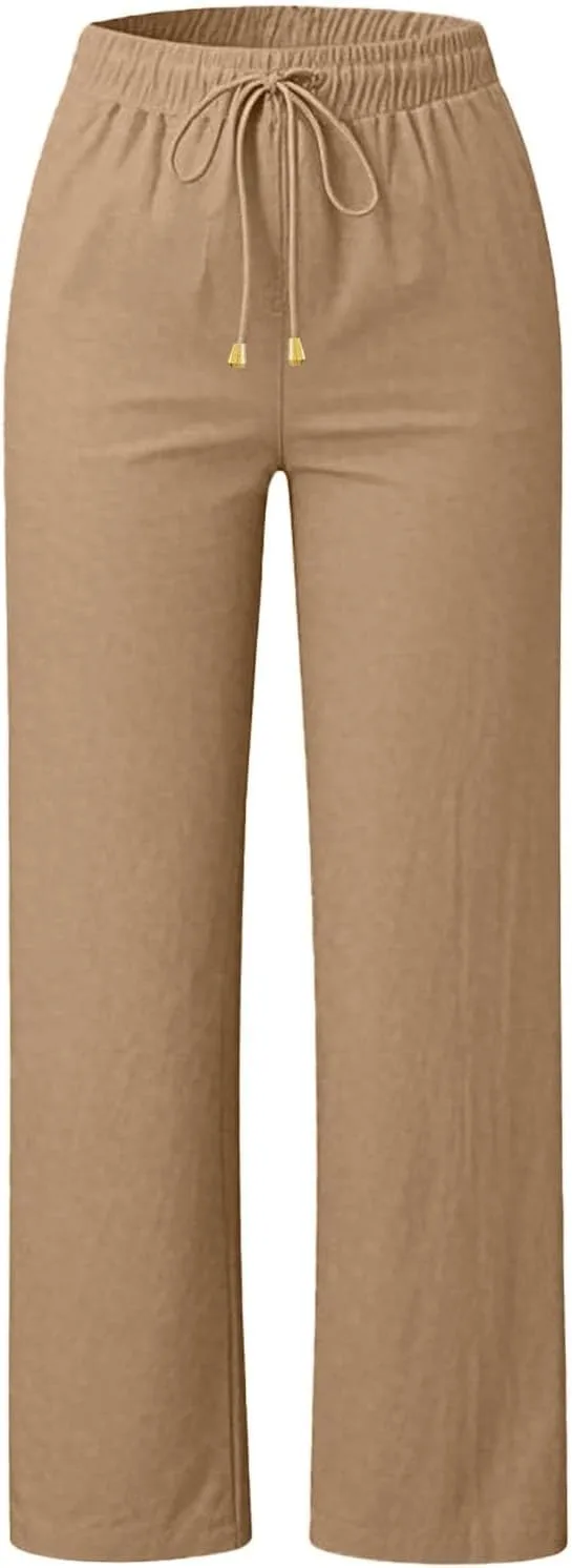 Женские брюки Wide Leg из льна для лета и пляжа, свободного кроя, с высокой посадкой, легкие, хлопок-лен, с карманами Generic, хаки — фото 2