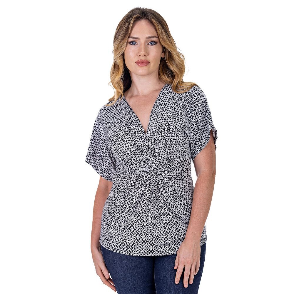 

Женский топ 24Seven Comfort Apparel с V-образным вырезом и узлом спереди, цвет Black Multi