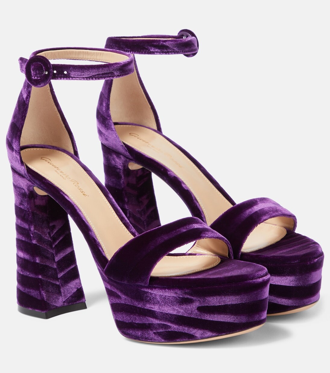 Бархатные босоножки на платформе с зеброй Gianvito Rossi, фиолетовый