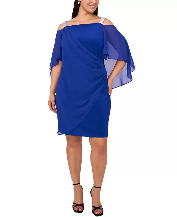 

Платье-трапеция с драпировкой и открытыми плечами, декорированное, plus size MSK, синий
