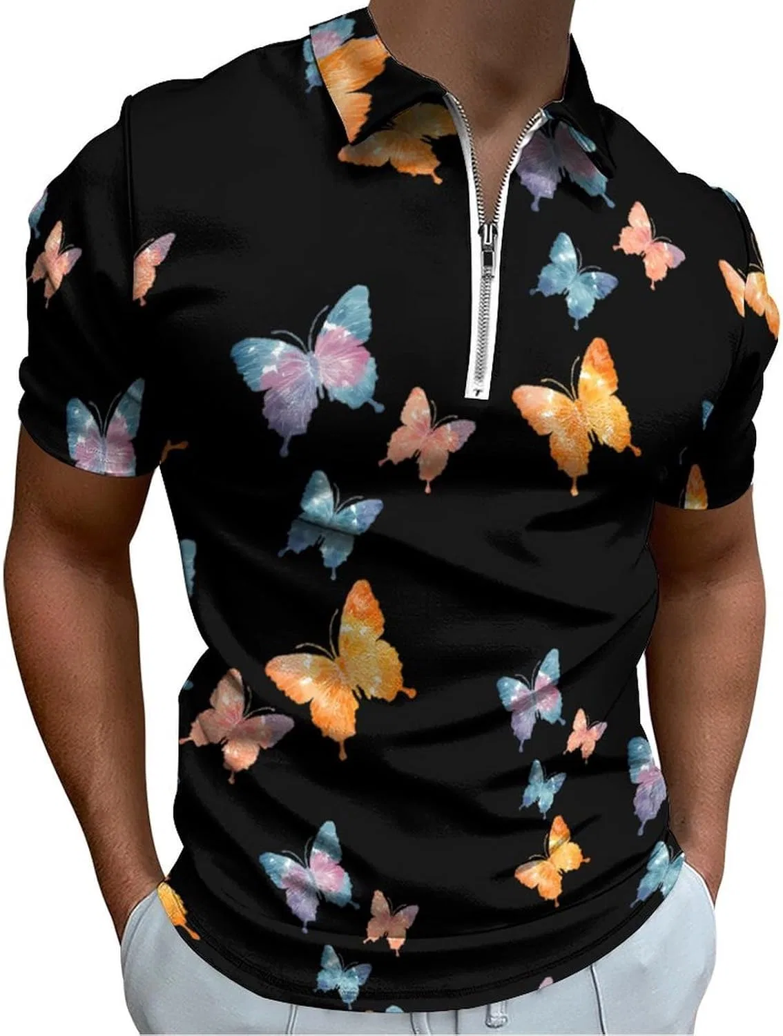 Мужское поло с коротким рукавом, полузастежка-молния, Tie-Dye, бабочки