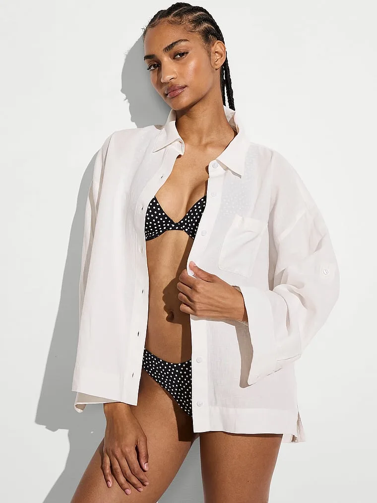 Пляжная льняная рубашка свободного кроя с длинными рукавами Victoria'S Secret Swim, Coconut White — фото 2