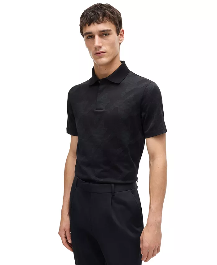 

Мужская тонковязаная поло в рубчик с узором "гусиная лапка" Slim-Fit Hugo Boss, черный