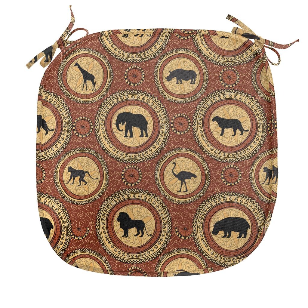 

Подушка для обеденного стула ABAKUHAUS Safari, Monkey Lion Folk African, декоративная водонепроницаемая подушка с ремнями для кухонных сидений, 40 см x 40 см, горчичный и коричневый