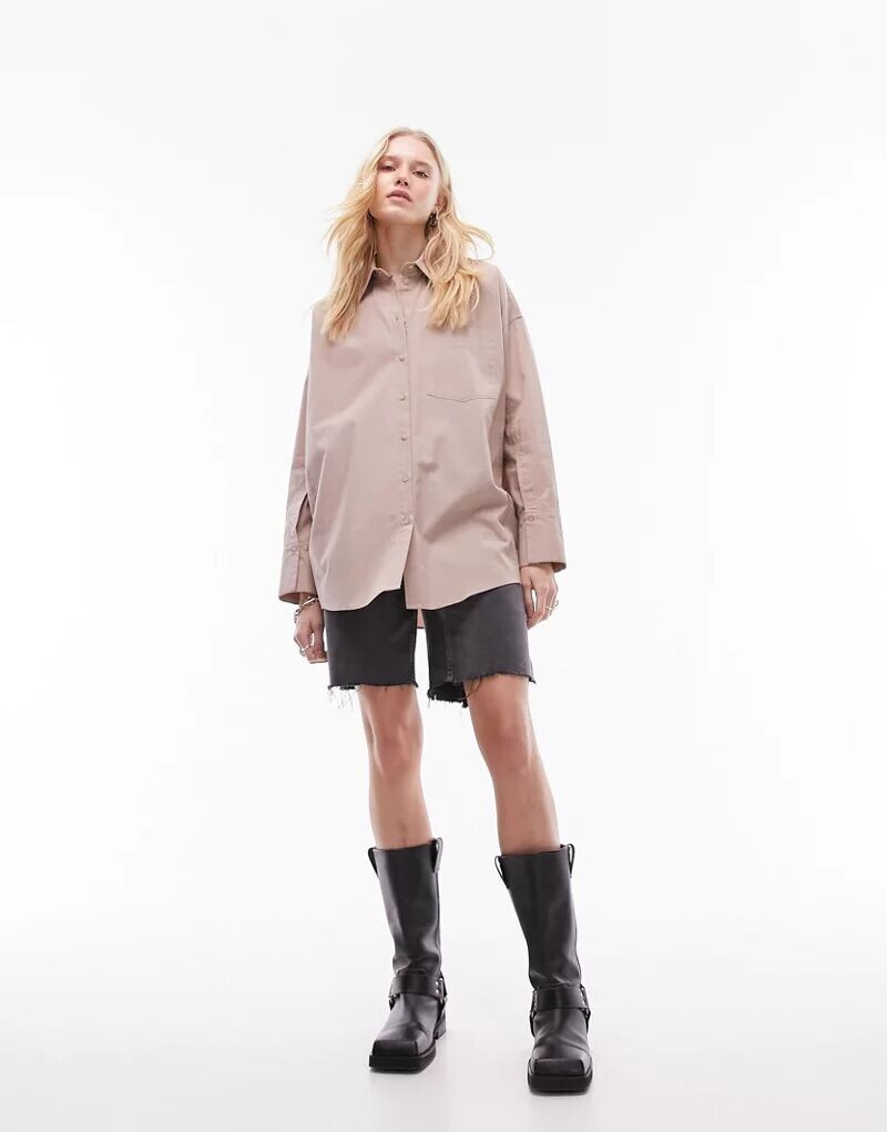 

Коричнево-серая рубашка оверсайз из поплина Topshop